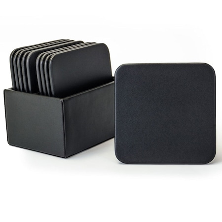 Dacasso Black Leather 10 Square Coaster Set with Holder AG-1043